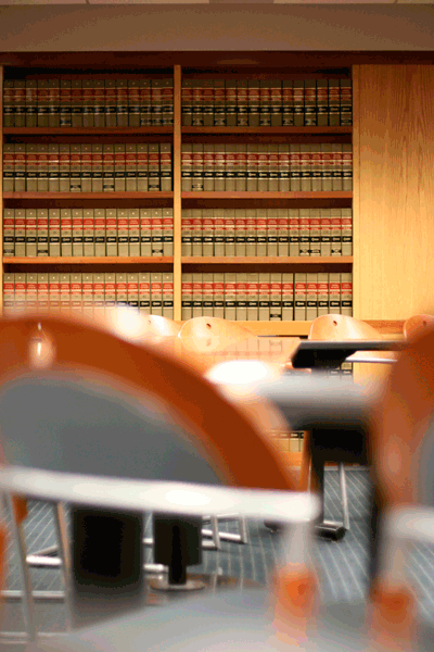 shot of chairs and books in Lubar Commons