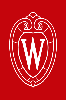 Image of the University of Wisconsin crest in an outline of white on a red background.