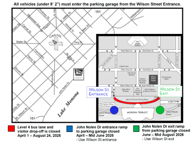A map of changing closures to the Monona Terrace parking garage.