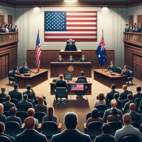 An AI image of a courtroom full of people with a large US flag at the center