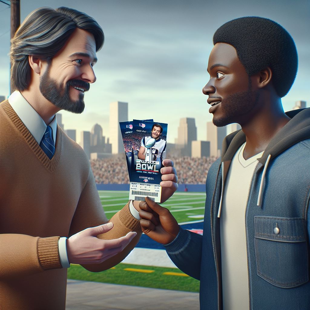 Image of a while male handing tickets to a ball game to a black male in front of a city.
