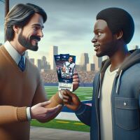 AI image of two men talking with one handing ball game tickets to the other.