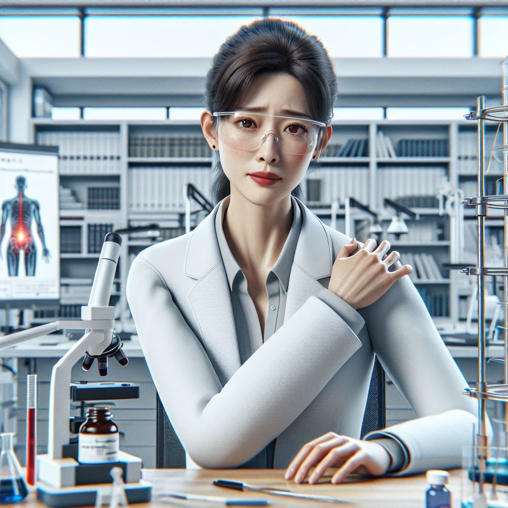 Image of a woman in a laboratory, and she is holding her shoulder