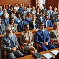 An AI image of a courtroom filled with people sitting on benches, and they are of varying ages.