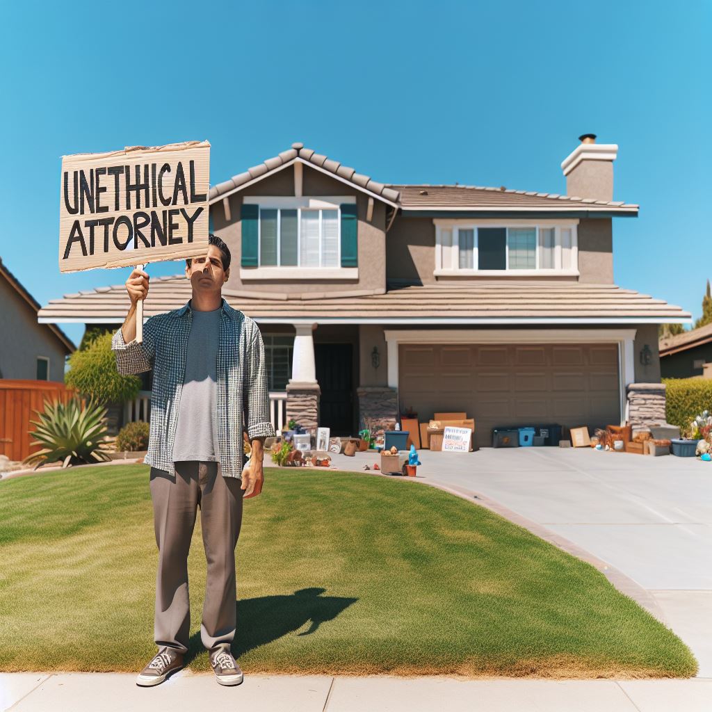 Image of someone standing with a protest sign in front of a house.