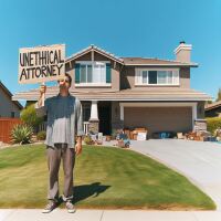 An AI image of a man with a protest sign outside a home.