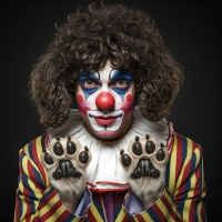A photorealistic AI image of a man in clown attire with animal paw gloves on his hands.