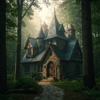 A photo-like illustration of a castle-like home in a dense forest.