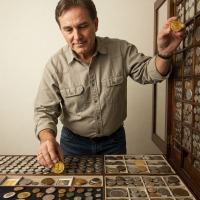 A middle aged man in a buttoned shirt sorts his collection of coins.