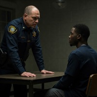 A policeman stands with hands on a table and facing a black man seated in a chair.