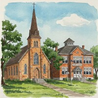 An illustration of a church right beside a school building.