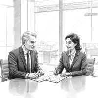 A black and white illustration of a man and woman in business attire sitting at a table with notepads.