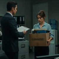 A man in a suit holds a clipboard while facing a woman in business attire who is holding boxes and has a sad expression.
