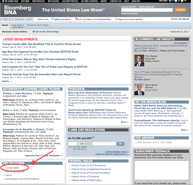 Screenshot of the front page of "The Law Week Reports" on Bloomberg BNA, with an arrow indicating where to click for the circuit split reports. 