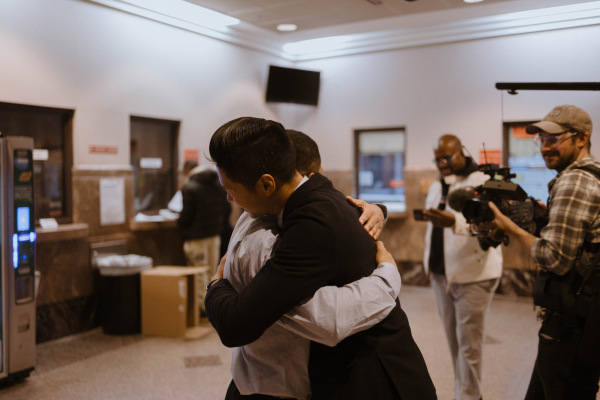 Christopher Lau hugs Manuel Cucuta Nov. 26, 2024, upon his release from prison.