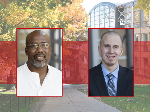Photos of Dant'e Cottingham and Adam Stevenson against a background photo of the Bascom Hill facing the Law School building.