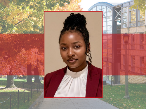 Photo of Miranda Tichareva overlayed with the Law School Building in the background.