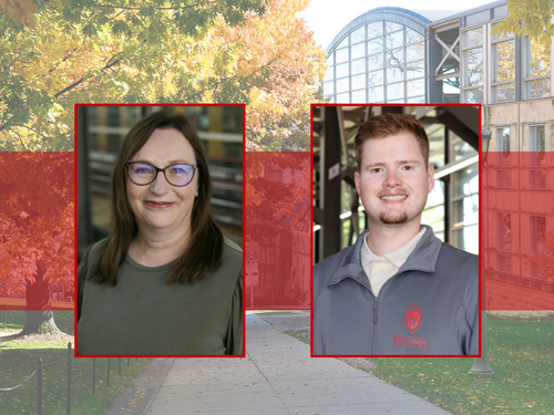 Photos of Sarah Orr and Joshua Topel overlayed over a photo of the Law School building.