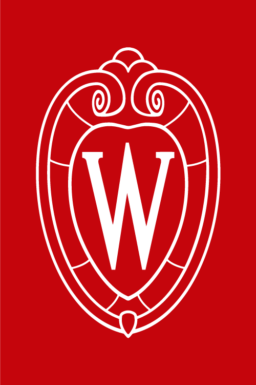 A red image square with an outline of the University of Wisconsin crest in white.
