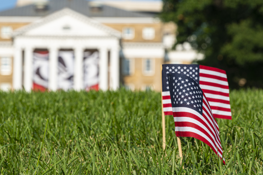 American flags waving on Bascom Hill