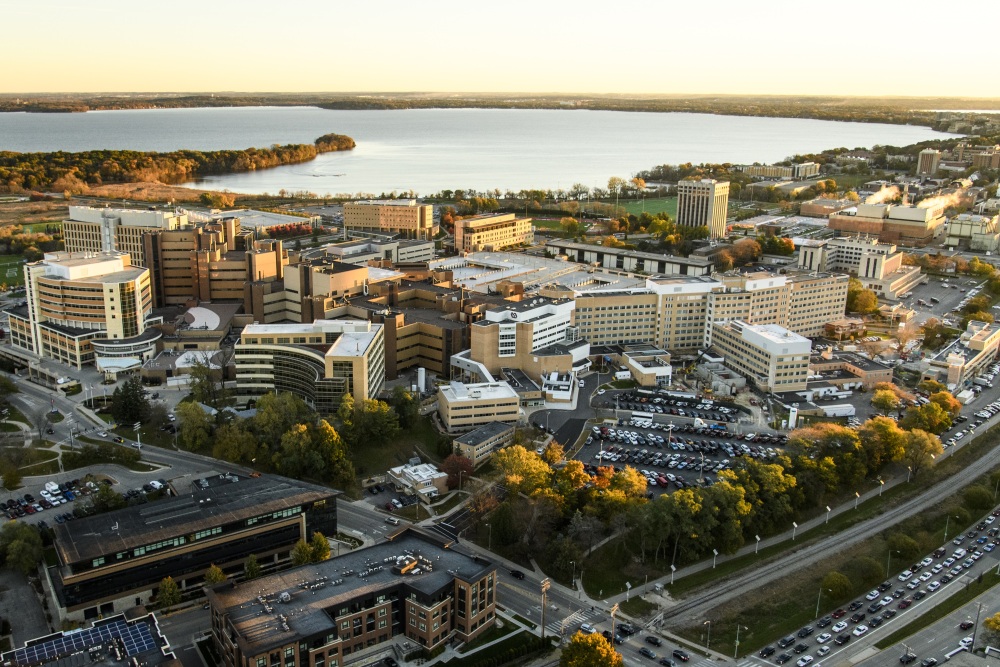An aerial photo of the University of Wisconsin campus in downtown Madison, Wisconsin.