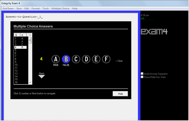 multiple choice window in Exam4 showing options A-F, with True and False as alternate options for A and B, respectively