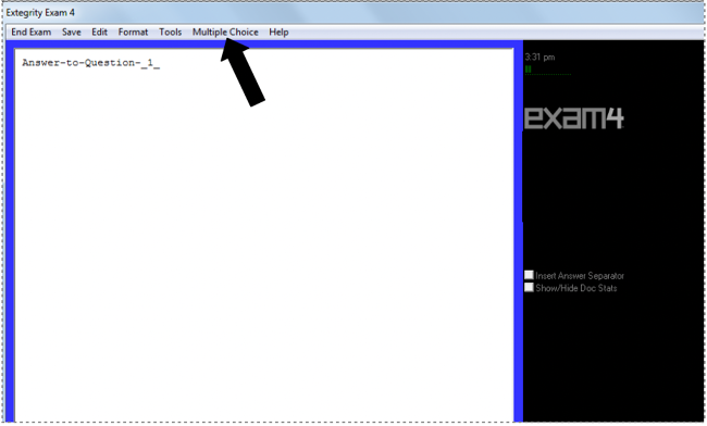 Exam4 window with an arrow pointing to the Multiple Choice option in the toolbar